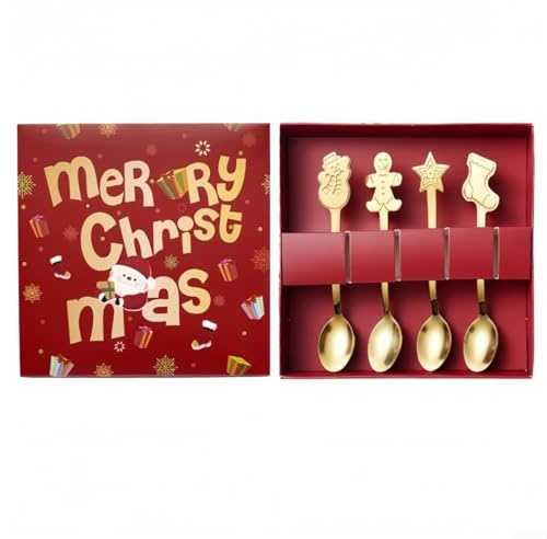 Teelöffel, Edelstahl, Weihnachtslöffel, Weihnachts-Kaffeelöffel für Tee, Dessert, für Party-Tischdekorationen (Gold), 4 Stück