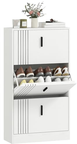 HOMCOM Meuble à Chaussures à 3 abattants, 18 Paires, Armoire à Chaussures 3 Compartiments, Grande capacité pour entrée, Couloir, Salon, 63 x 24 x 117 cm, Blanc
