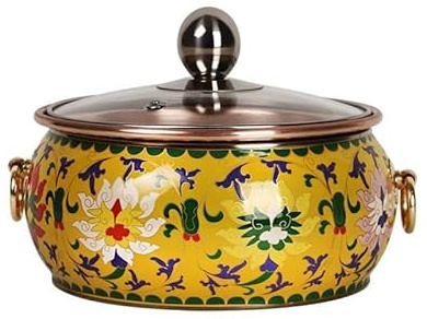FLXHSA Chinesischer mongolischer Rinder-Eintopf, Brühe zum Kochen, Kleiner Alter Kleiner Kupfertopf, Shabu Shabu Cloisonné-Eintopf, geeignet für Familien-Hauspartys, F, D