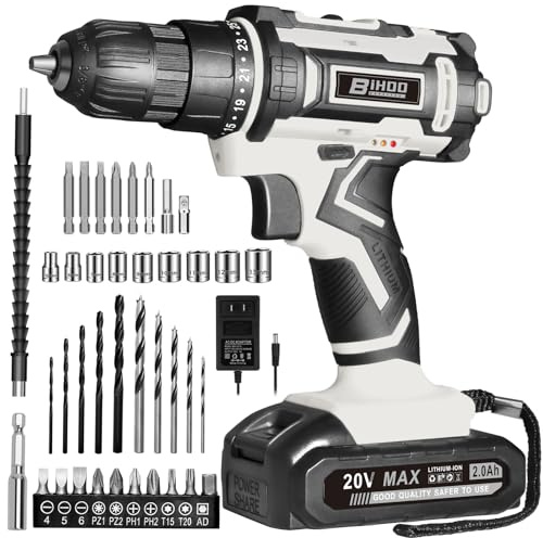 BIHOO Cordless Drill Set,20V Drill Driver with Battery and Charger,3/8-Inch Keyless Chuck, Variable Speed,with Drills Bits Set,Gray