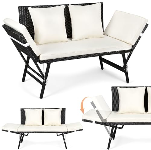 Gartenbank Polyrattan mit Liegefunktion, 2-Sitzer Gartensofa mit Verstellbare Armlehnen, Outdoor Sofa Wetterfest mit Sitzpolstern & Kissenfür, 3 in 1 Balkon Sofa für Garten,Balkon & Terrasse, Beige
