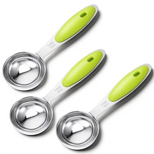 3 Pcs 1 Tbsp Single Measuring Spoons, (3tsp, 1/2oz, 15ml) Stainless Steel Measure Scoop with Green Silicone Grip Long Handle Measuring Scoop Perfect for Coffee Tea, Quick Efficient Cooking, Baking