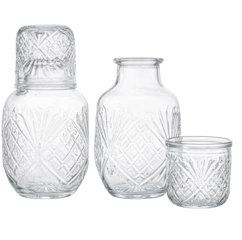 SUNNYNEST Bedside Carafe and Glass Set of 2, Vintage Embossed Glass Water Carafe with Tumbler Cups, Bedside Decanter for Bedroom Nightstand, Bathroom Mouthwash, Juice