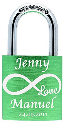 ♥ LoveGoals Liebesschloss mit Gravur | individuell graviert | Geschenk für Paare & Verliebte | hochwertige Geschenkverpackung | Schloss mit 2 Schlüsseln |Oberfläche eloxiert|Motiv M044| Grün