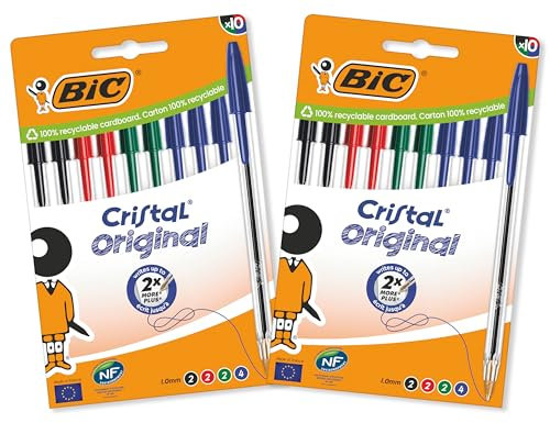 BIC Cristal Original Stylos-Bille Pointe Moyenne (1,0 mm) - Parfait pour l'Ecole et au Bureau - Couleurs Assorties, Lot de 2 Pochettes de 10
