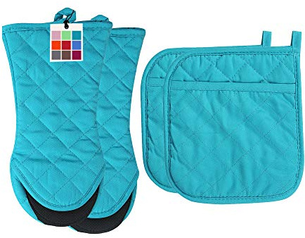 ARCLIBER Hot Pads and Oven Mitts,4PCS Heat Resistant Kitchen Gloves,Non-Slip Rubber Surface 2 Oven Mitts,2 Pot Holders for Cooking,Baking,Grilling,Barbecue,Blue