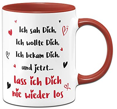 Tassenbrennerei Liebes Tasse mit Spruch Ich sah Dich, Ich wollte Dich - Ich liebe Dich Geschenk für Freund, Freundin (Rot)
