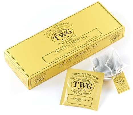 TWG Tea | Moroccan Mint Tea | Té Verde | Hojas de Menta Verde | 15 Bolsitas de Té de Algodón Cosidas a Mano | Caja de Regalo Originales