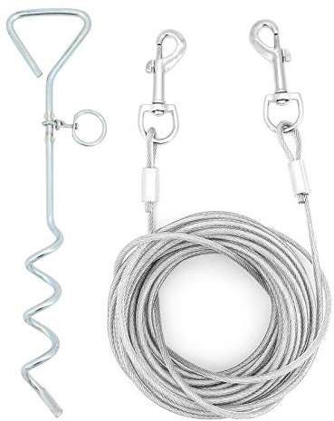 ShawFly Solid Dog Stake and Tie Out Cable (3m, 5m, 10m) Premium Steel Spiral Dog Tie, with 16 Inch spiral ground stake, for Outdoor Yard and Camping Puppy pet and Medium Dogs (10m)