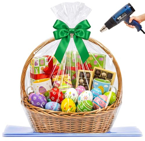 LazyMe Extra große Jumbo-Schrumpffolienbeutel, Zellophanfolie für Geschenkkörbe, 94 x 114 cm, Osterkorbbeutel (10 Stück, XXL)