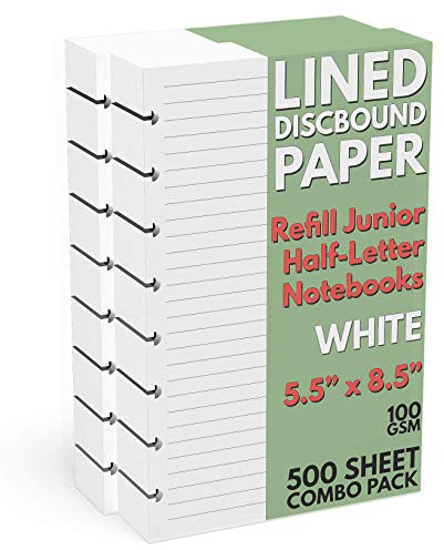 Discbound Half-Letter Size Lined Paper Refill, 500 Sheets (1,000 Pages), 5.5 in. x 8.5 in, 100 GSM, Junior Size 8 Disc Notebooks