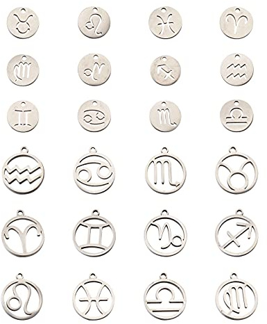 PandaHall Flache runde Sternzeichen-Charms, zwölf Sternbild-Anhänger, Edelstahl Metall Kunststoff, Edelstahl