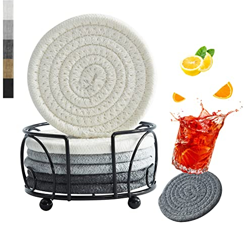 Sagittar Untersetzer Gläser mit Halter, Glasuntersetzer Getränke Tassenuntersetzer Set, Getränkeuntersetzer Rund Handgefertigt Geflochtenes Dickes Baumwollseil, 3 Ton Grau, 6 Stück