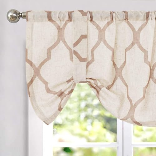 TOPICK Cortina Corta para Cenefa Ventana con Cordones de Tiro con Estampado Geométrico con Bolsillo para Varilla Opaca Lino Aptas para Bistró Comedor Baño Marrón Juego de 1 Unidades 130 x 45 cm