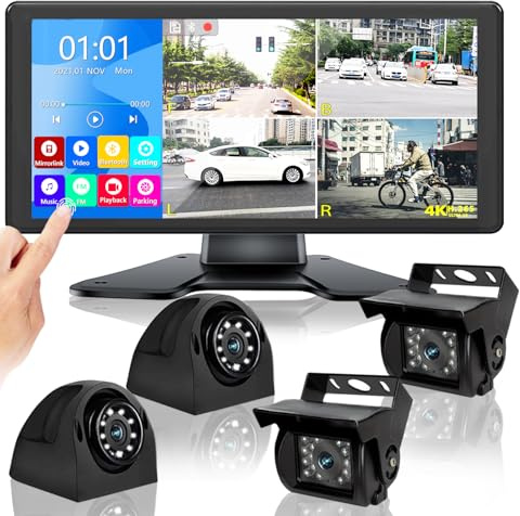 RV Backup Camera System with 10.36’’ 4K Monitor for RV Truck Bus Trailer with 4 Rear/Side View 1080P HD Cameras 4 Splits Touch Screen DVR Recording IP69 Waterproof Bluetooth Music Video Avoid Blind