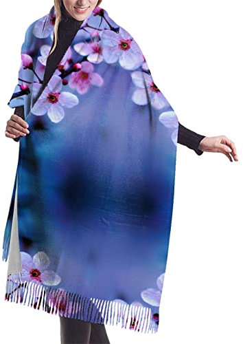Schal mit rosa Kirschblüten-Muster, weicher Kaschmir-Schal, stilvolle warme Decke, Winterschal, Schwarz, Einheitsgröße