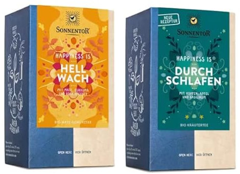 Sonnentor BIO Tee-Set Day and Night - Happiness is®: Durchschlafen bio 27 g, Doppelkammerbeutel + Hellwach bio 30,6 g Doppelkammerbeutel - AT-BIO-301