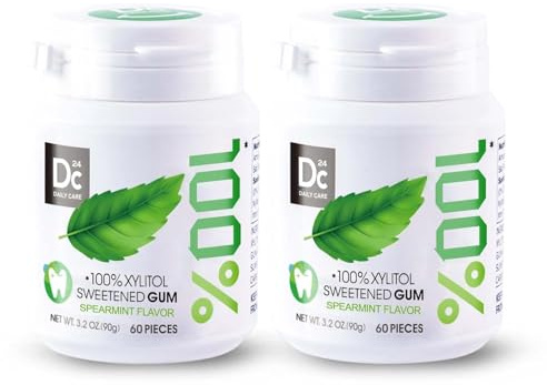 DC24 DAILY CARE Goma de mascar 100% xilitol, sin aspartamo, sin azúcar, sabor natural de hierbabuena, sin gluten, vegano, 60 piezas, paquete de 2