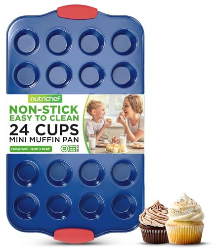NutriChef 24 Cup Muffin Non Stick Baking Pan, Deluxe Blue Carbon Steel Bake Pan with Red Silicone Handles, Commercial Grade Restaurant Quality Metal Bakeware, Compatible with Model NCSBSBL10