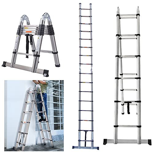 3.8M Telescoping Extension Ladder 1.9M/1.9M A-Frame Ladder Portable & Folding Ladder 12 Steps Heavy Duty Stainless Steel Ladder 330lbs Capacity EN131