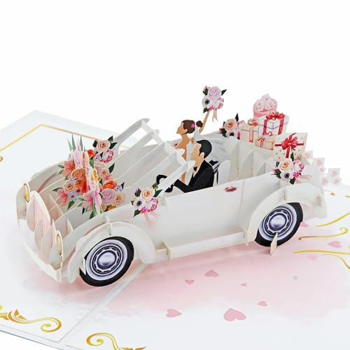 Favour Pop Up® 3D Glückwunschkarte zur Hochzeit – handgemachte Karte 15x20cm mit Brautpaar im Oldtimer Hochzeitsauto – Glückwunschkarte mit Umschlag für Geldgeschenk oder Gutscheint TW054