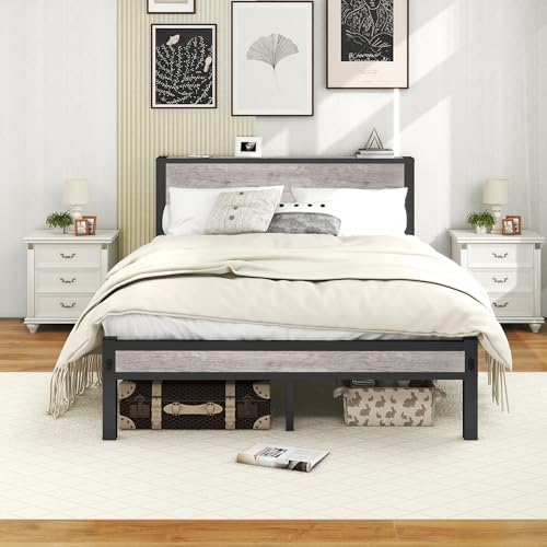 DUMEE Double Bed Frames with Storage Wooden Headboard, Metal 4ft Bed Frame Double Bed Base/Mattress Foundation, Enhanced Support Noise Free, Black+Grey Oak1