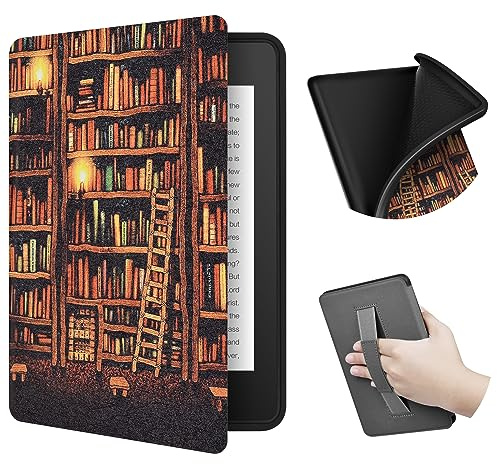 ERUNTO Hülle für 6,8-Zoll-Kindle Paperwhite and Paperwhite Signature Edition, mit Stoffstruktur und Handschlaufe auf der Rückseite, magnetische Hülle mit intelligenter Weck-/Schlaf(Gold Bookshelf)