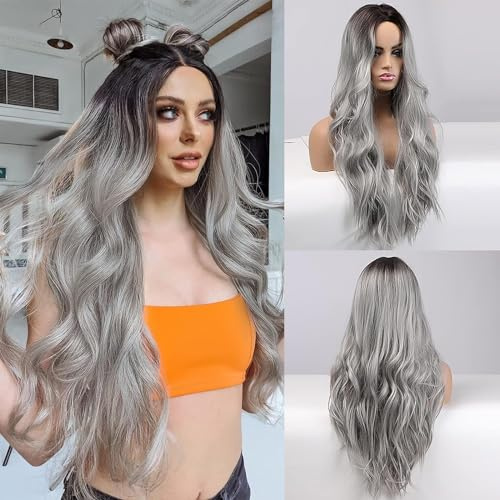 Perücke Halloween Damen,Perücke Frauen Kostüm,Ombre Silber Grau Lang Lockig | Silber Grau Lang Lockig Natürlich,Halloween Perücken Grau Damen,für Karneval Mottoparty Kostüm Party