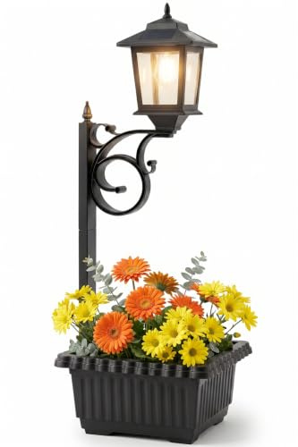 PASAMIC 2 in 1 Outdoor Flower Pots for Real or Fake Flowers, Solar Lamp Post Lights - Wall Mount or Freestanding, Waterproof Decorative Lamp for Lawn, Patio, Front/Back Door
