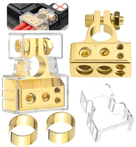 DNGH Batterieklemmen Batterie Polklemmen 0/4/8/10 AWG Autobatterie Klemmen Positiv & Negativ Battery Terminal mit Unterlegscheiben und Abdeckung Gold