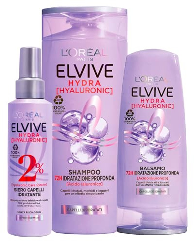 L'Oréal Paris Elvive Hydra Hyaluronic Conditioner 72H Tiefe Feuchtigkeit 250 ml + Shampoo 72H Tiefe Feuchtigkeit 400 ml + feuchtigkeitsspendendes Haarserum Spray 150 ml - 3 Flaschen