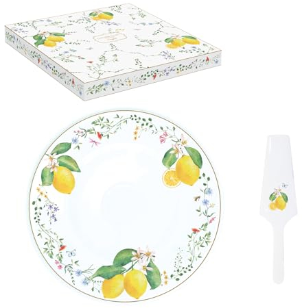 COFFRET PLAT A TARTE Ø 32CM AVEC PELLE EN PORCELAINE FLEURS ET CITRONS
