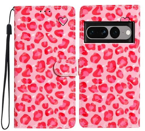 Huzhide for Google Pixel 7 Pro 5G Phone Case, 3D Patterned PU Leather Wallet Folio Flip Case with Card Slots Stand Soft TPU Bumper Shockproof Protective Cover for Google Pixel 7 Pro, Pink Leopard