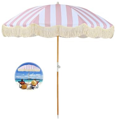 180cm Sonnenschirm Strand Uv Schutz Gartenschirm Mit Quasten Balkonschirm Neigbar Terrassenschirm Wasserdicht Mit Tragetasche Für Garten Terrasse Pool Balkon/8 Rippen ( Color : Pink Stripe , Size : 18