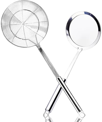 Aieraczy Spider Strainer Skimmer, 2-Piece Skimmer Spoon, Slotted Strainer, Stainless Steel Frying Spoon for Kitchen Cooking, Oil Filter, Pasta, Spaghetti, Noodle, Cooking Utensil