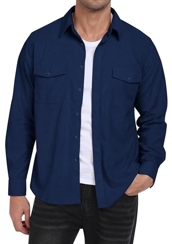 MoFiz Camicia da Uomo in Velluto a Coste Maniche Lunghe Camicia Giacca Casual Button-Down Calda Morbida Camicia Autunno Inverno con Tasche Blu Scuro EU S