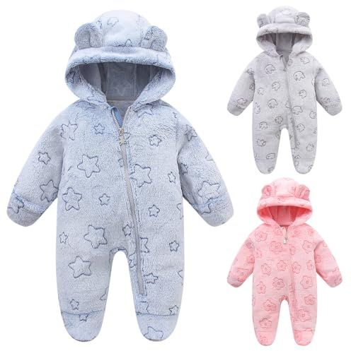 Fnaobai Newborn Winter Snowsuit Baby Girl Boy Bear Ear Fleece Hooded Romper Infant Footie Jumpsuit Outwear Coats (Blue, 50CM(0-3 M))