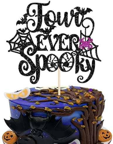 Xsstarmi 1 Pack Four Ever Spooy Cake Topper Glitter Spider Web Bat Cake Pick Horror 4th Birthday Cake Decorations for Halloween Theme Baby Shower Wedding Birthday Halloween Party Supplies Black