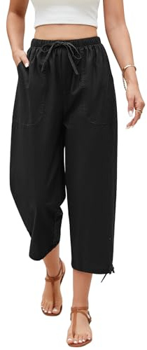 Niwicee Pantalons Femme Pantacourt Cargo d'été 3/4 Long Pantalon avec Poches Coton et Lin Palazzo Pantalon Décontracté avec Cordon Pantalon Fluide Femme (Noir, L)