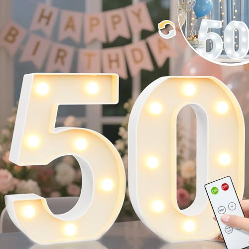 Light Up Numbers Birthday Decorations, Marquee Number Lights Sign with Remote, Lighted Numbers for 50th Birthday Wedding Anniversary Party Backdrop Wall Decor, Cool White and Warm White Number 50