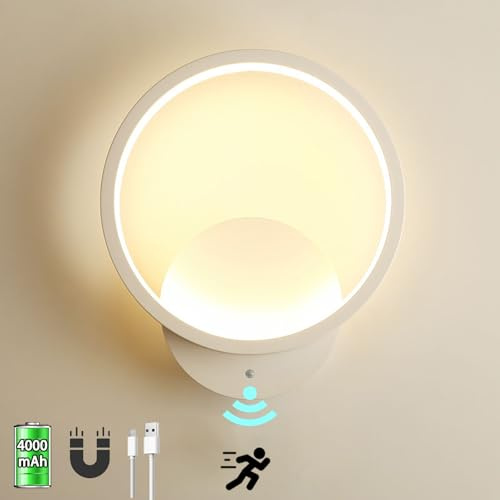 TRUYOK Lampada da parete a batteria con sensore di movimento per interni, ricaricabile senza collegamento di alimentazione illuminazione da parete senza fili con 3 modalità (auto/off/on/off)