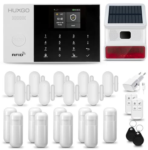 HUXGO® HXA005 Alarmanlage Haus 4G + WLAN mit Funk Sirene | Alarmanlage Wohnung mit App. TUYA | Alarm System mit 9X Bewegungsmelder, 9X Tür- Fenstersensor| Wohnmobil Alarmanlage