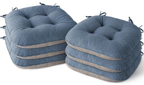 MineCozy Seat Cushions for Dining Chairs, Non-Slip Dining Chair Cushions Set of 6, Tufted Kitchen Seat Pads with Ties 43X40X7.5cm/17X16X3 Light Blue