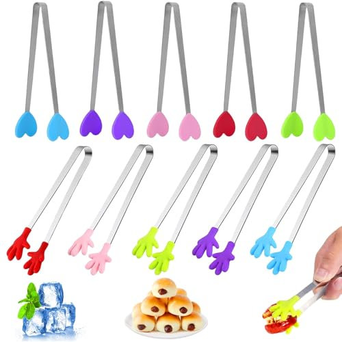 10 Stück Mini Zuckerzange Essen Clip, Multifunktionale Candy Bar Zubehör, Silikon Edelstahl Fingerfood Zubehör, Rutschfester Pinzette Kinder, Servierzange Klein für BBQ Süßes Eiswürfel Salat