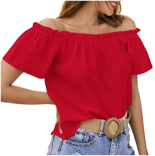 Blusa sexy sin tirantes para mujer, camiseta de manga corta con hombros descubiertos, camiseta ligera de verano, elegante, monocolor, camiseta plisada, blusa sin hombros, blusas para mujer, rojo, M