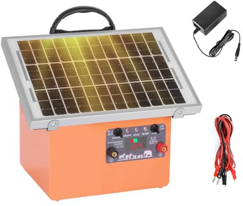 9 V / 12 V Weidezaungerät Solar, 0,5J/9,5KV Elektrozaungerät für 2 bis 32 km, inkl. 5W-Solarpanel, 12V 7Ah Blei-Akku & Erdungsset für Geflügel, Vieh, Haustiere, Steuergerät zum Schutz von Gärten