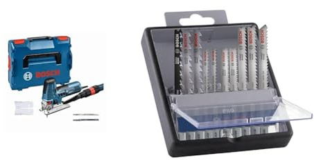 Bosch Professional Stichsäge GST 160 CE (inkl. Absaugadapter, Spanreißschutz, 3x Stichsägeblätter) + 10x PRO Hardwood and Laminate Stichsägeblatt-Set (für Hartholz, Parkett, Länge 83 mm, Zubehör)