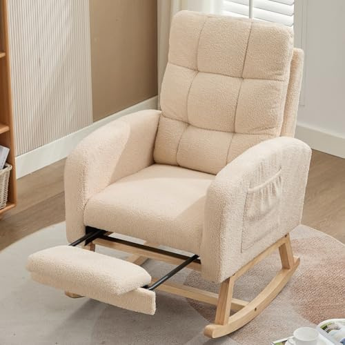 KOMHTOM Fauteuil à Bascule avec Repose-Pieds Escamotable, Rocking Chair en Velours Teddy, Structure en Bois, Poche de Rangement Latérale, pour Salon et Chambre à Coucher