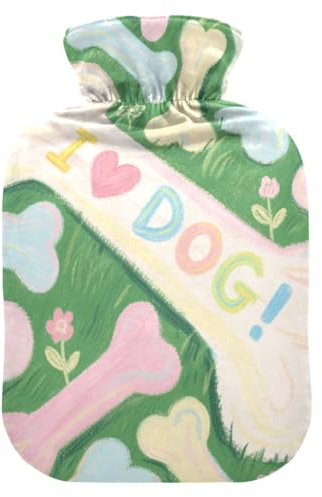 I Love Dog - Bolsa de agua para botella caliente verde hueso con funda suave, bolsas de agua de 2 L para calentador de manos y pies