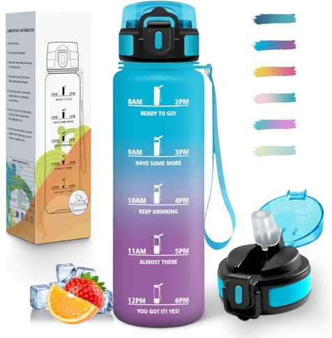 Mulbijeo Borraccia 1 Litro, Libre de BPA & A Prova di Perdita, Borraccia con Cannuccia, Reutilizables, Borracce Motivazionale, Portatile, Borracce Palestra per Scuola, Palestra, Ufficio, Festa